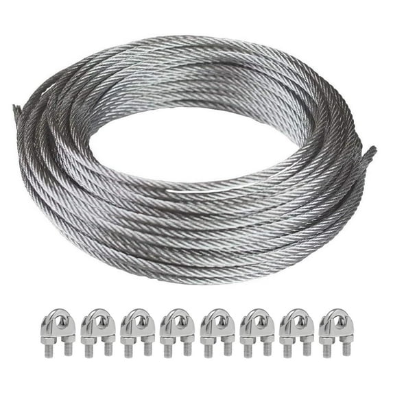 Shade Sail Hardware Kit with 50FT Cable Wire Rope for Rectangle Triangle Sunshade Installation, 3/16" Stainless Coated Cables for Garden String Light Hanging, Included 8 Pcs Clamps