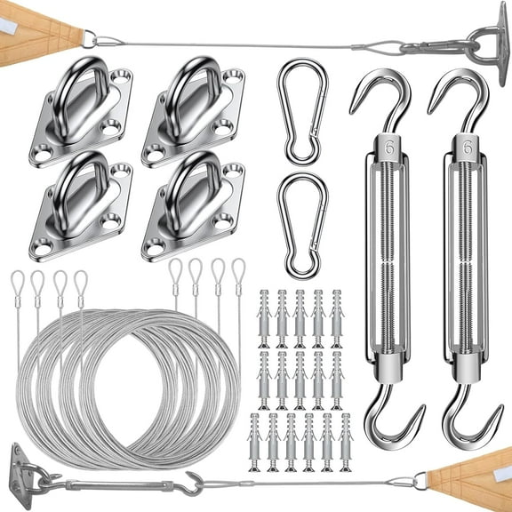 Shade Sail Hardware Kit with Cable Wire Rope,48 Ft (12Ftx4) Vinyl Coated Aircraft Cable,6 Inch Hanging Kit for Outdoor Curtain String Light Sun Shade Sails Installation