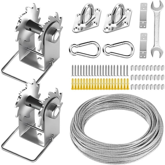 Shade Sail Hardware Kit Include Winches & Wire Rope, Anti-Rust Stainless Steel Sun Shade Hardware Kit for Rectangle Square Triangle Shade Sail Installation(75 PCS)