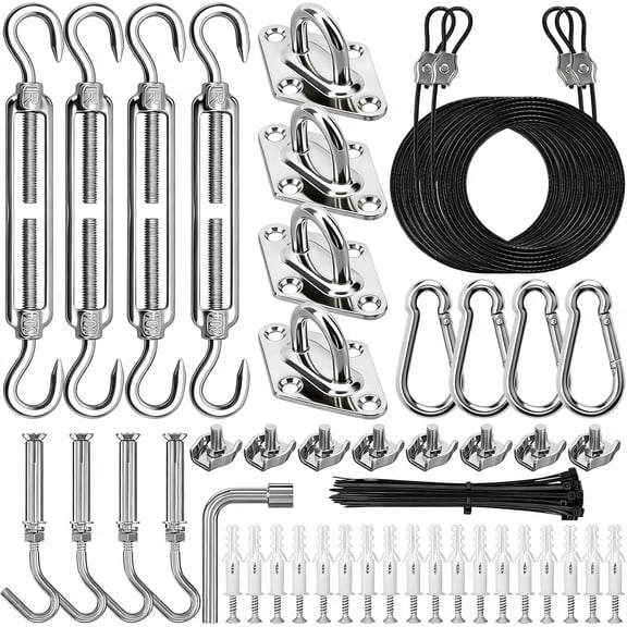 Shade Sail Hardware Kit with Nylon-Coated Wire Ropes, Heavy Duty Stainless Steel Windproof Sun for Rectangle Triangle Installation, and Patio Garden Parking & Vendor Market