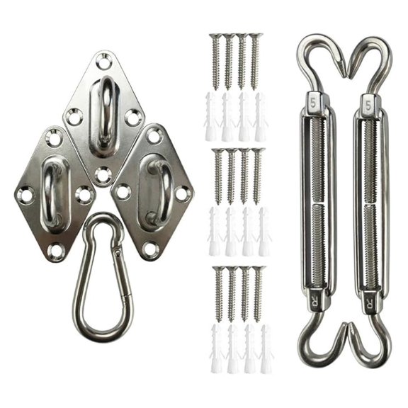 Shade Sail Kit - 5 Inch Triangular Stainless Steel Hardware - Sun Shade Installation Kit with Turnbuckles, Pad Eyes & Carabiner