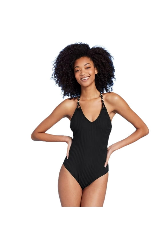Women's Ribbed Bead Knot Detail One Piece Swimsuit - (US, Alpha, Small, Regular, Regular, Black)