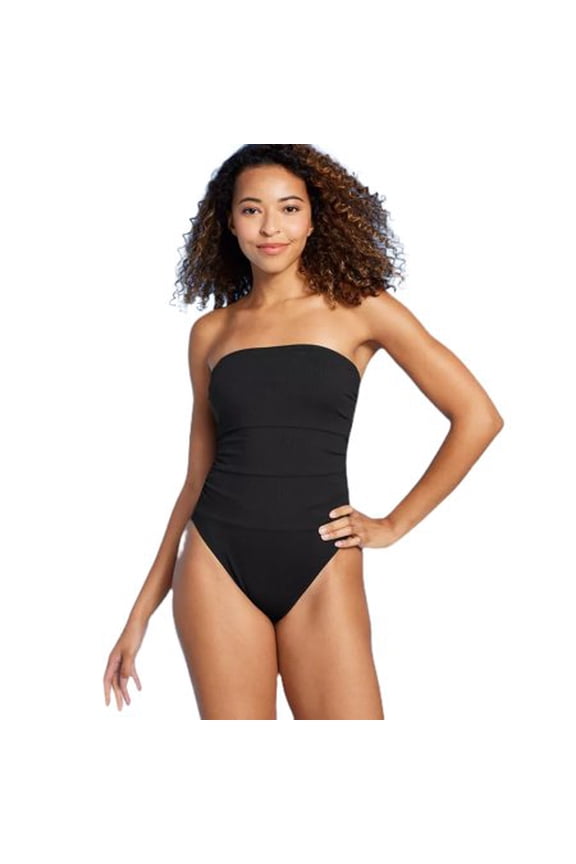 Women's Shirred Ribbed Bandeau Cheeky One Piece Swimsuit - (Large, Black)