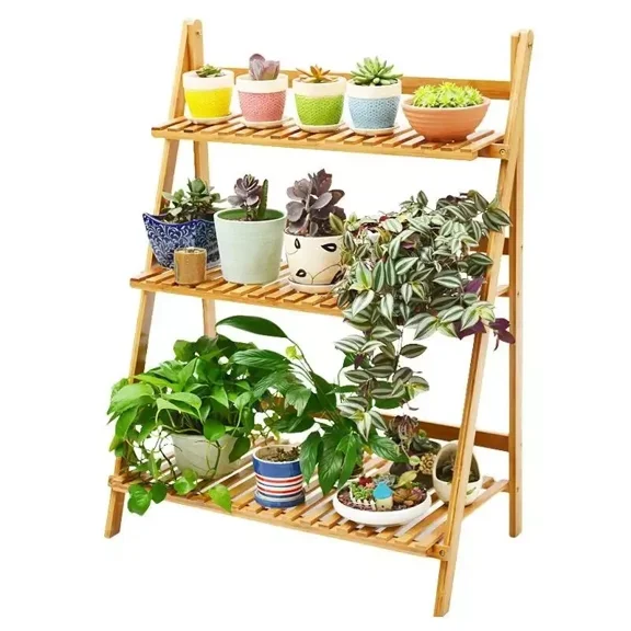 ShadeMart 39 Inch 3-Tier Bamboo Plant Stand Foldable Ladder Shelves, Folding Freestanding Rack With Guardrails, Potted Plant Display Shelf For Living Room Balcony ( Color : Natural )