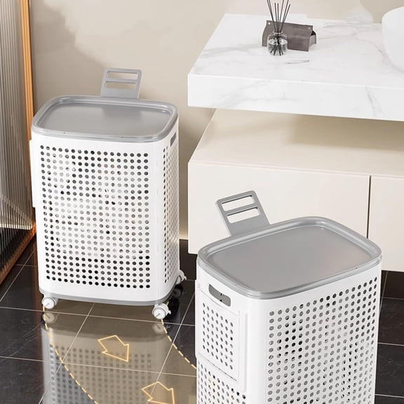 ShadeMart 58L Laundry Basket, Ventilated PP Plastic Clothes Hamper with Dual Handles ( Lid + Wheels )