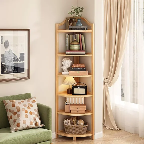 ShadeMart 6-Tier Nature Corner Shelf Corner Bookshelf Bookcase Multi-Layer Storage Rack for Kitchen Living Room Bedroom Bathroom Office - Space-Saving Wall Corner Organizer