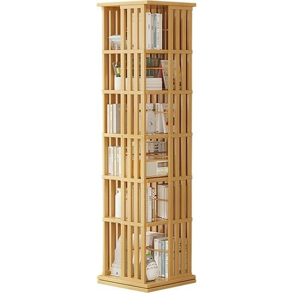 ShadeMart 6-Tier Rotating Bookshelf, Natural Bamboo Spinning Bookcase with 360-Degree Swivel for Corner Storage