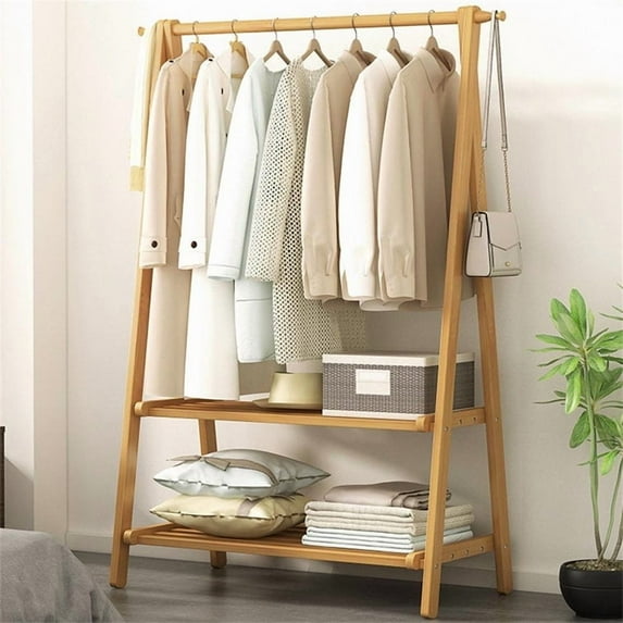 ShadeMart 64.2'' H X 46'' W X 2.17'' D Clothing Garment Rack Clothes Rack Wooden with 2 Tier Shelves,Yellow