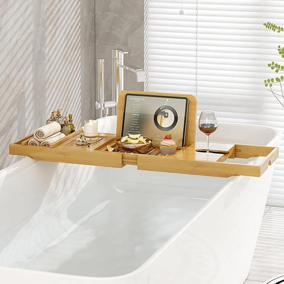 ShadeMart Adjustable Bamboo Bathtub Caddy Tray, Multi-Functional Bath Tub Rack
