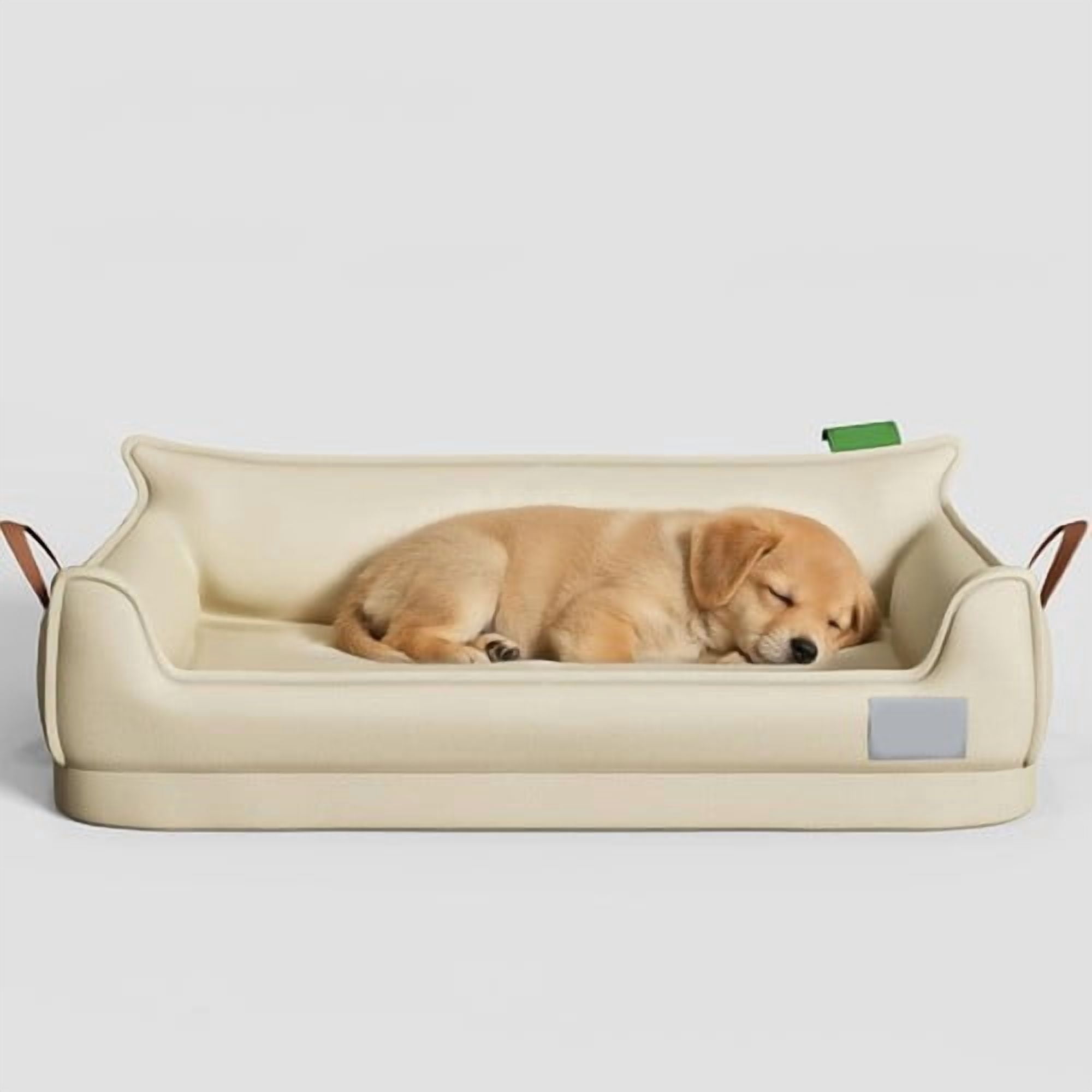 ShadeMart Beige Leather Dog Bed Sofa, Small Orthopedic Pet Couch with U-Shaped Bolster, Removable Waterproof Cover & Non-Slip Bottom