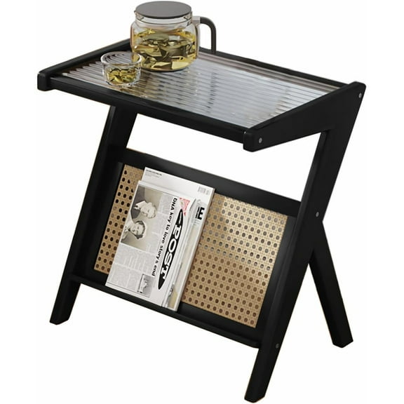 ShadeMart Black Modern Bamboo Side Table Nightstand With ABS Rattan Grid