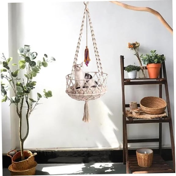 ShadeMart Boho Chic Macrame Cat Hammock, Decorative Wall Hanging Bed with Cushion for Indoor/Outdoor Use