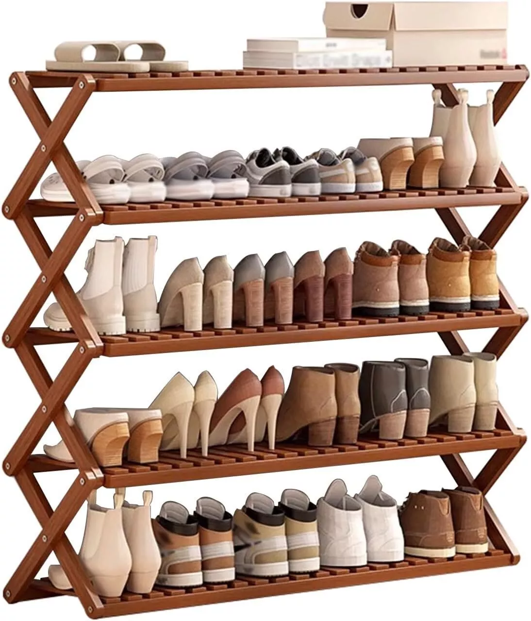 ShadeMart Brown 5 Tier Bamboo Shoe Rack,Portable Folding Shoe Storage Rack,Without Installation Small Shoe Rack Perfect for Corridors, Bedrooms and Small Spaces