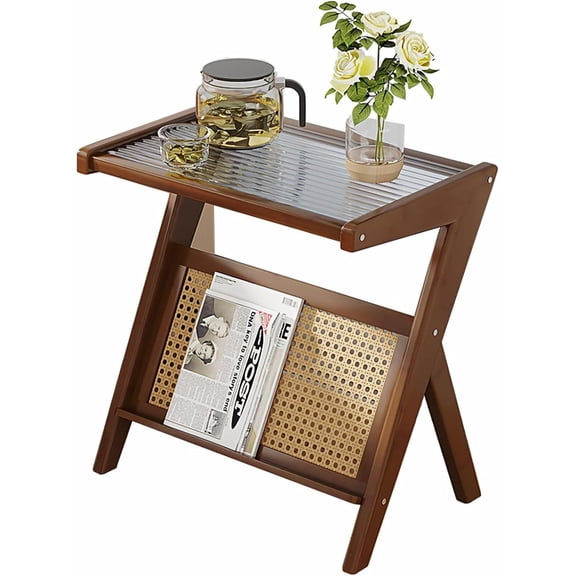 ShadeMart Brown Modern Bamboo Side Table Nightstand With ABS Rattan Grid