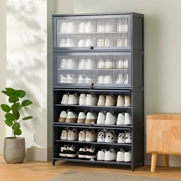 ShadeMart Grey 9 Rows Shoe Cabinet, Freestanding Shoe Storage Cabinet with Doors Entryway Bamboo Shoe Rack Organizer for Bathroom, Hallway, Closet or Living Room