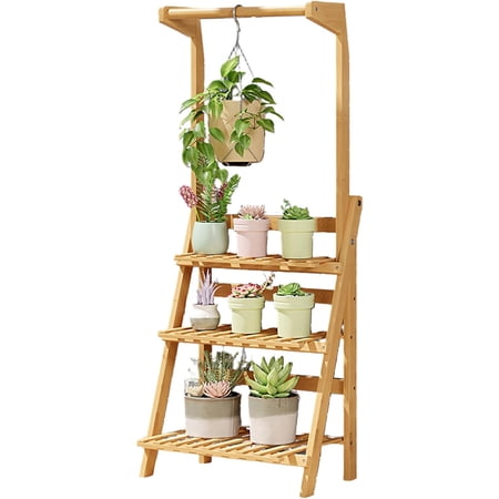 ShadeMart Hanging Plant Stand Indoor Outdoor - 3 Tiers Folding Wood Plants Shelf for Multiple Flower Planter Holder Large Rack for Window Garden Balcony Patio Porch Living Room,Natural,19.6" L