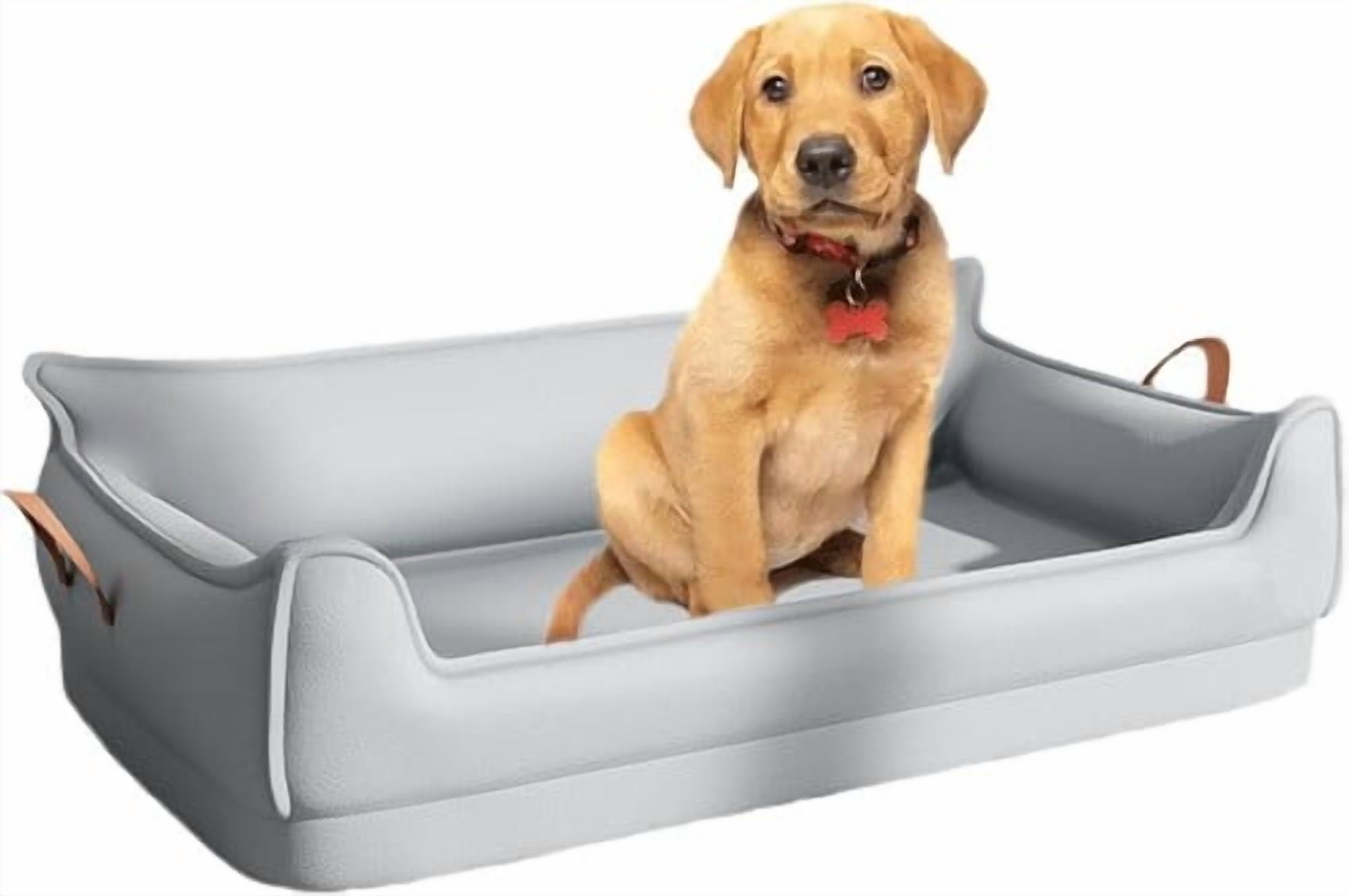 ShadeMart Light Grey Leather Dog Bed Sofa, Small Orthopedic Pet Couch with U-Shaped Bolster, Removable Waterproof Cover & Non-Slip Bottom