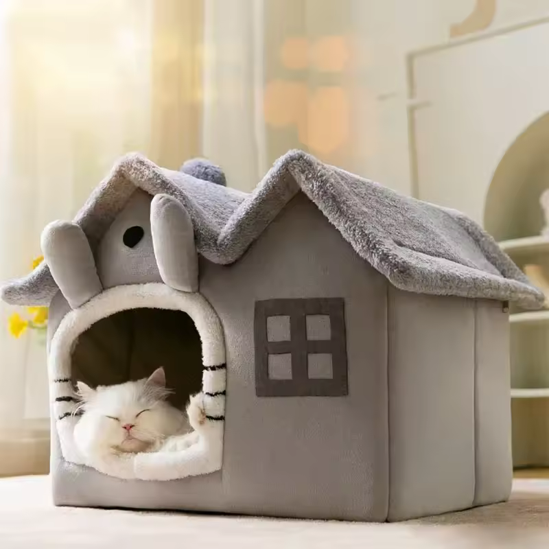 ShadeMart Medium Luxury Double Roof Indoor Dog House Cat Nest,Foldable Warm Soft Kennel,30D High Elastic Memory Sponge,Removable Cushion and Non-Slip Bottom