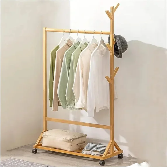 ShadeMart Nature Bamboo Clothing Rack with Wheels, Rolling Garment Rack for Hanging Clothes, 39" L x 13.8" W x 61" H