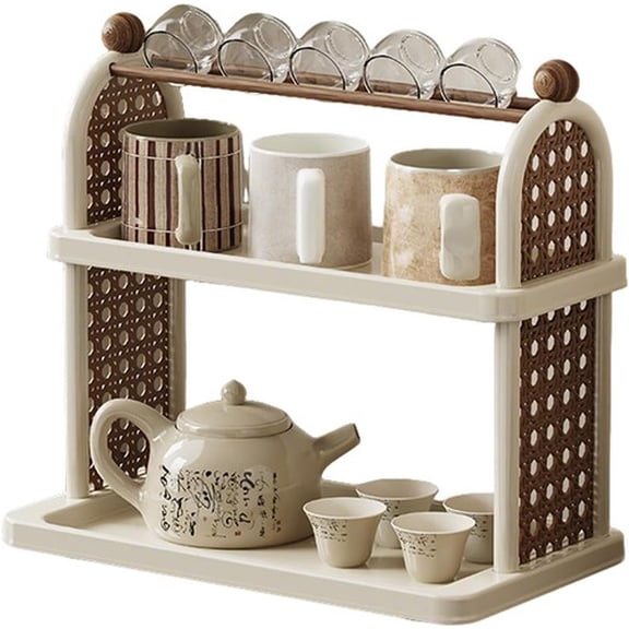 ShadeMart White 2-Tier Rattan Organizer | Vintage Style Countertop Cup & Mug Holder for Kitchen, Bedroom, Living Room