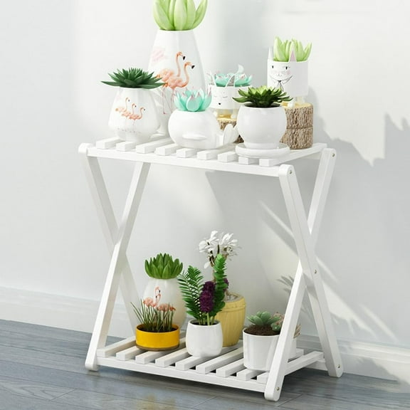 ShadeMart White 20 Inch 2-Tier Installable Bamboo Plant Stand, 2 Tier Cross Bamboo Rack, Multipurpose Display Shelf Folding, Floor Type Indoor Plant Rack, Flower Shelf For Yard Garden Patio Balcony