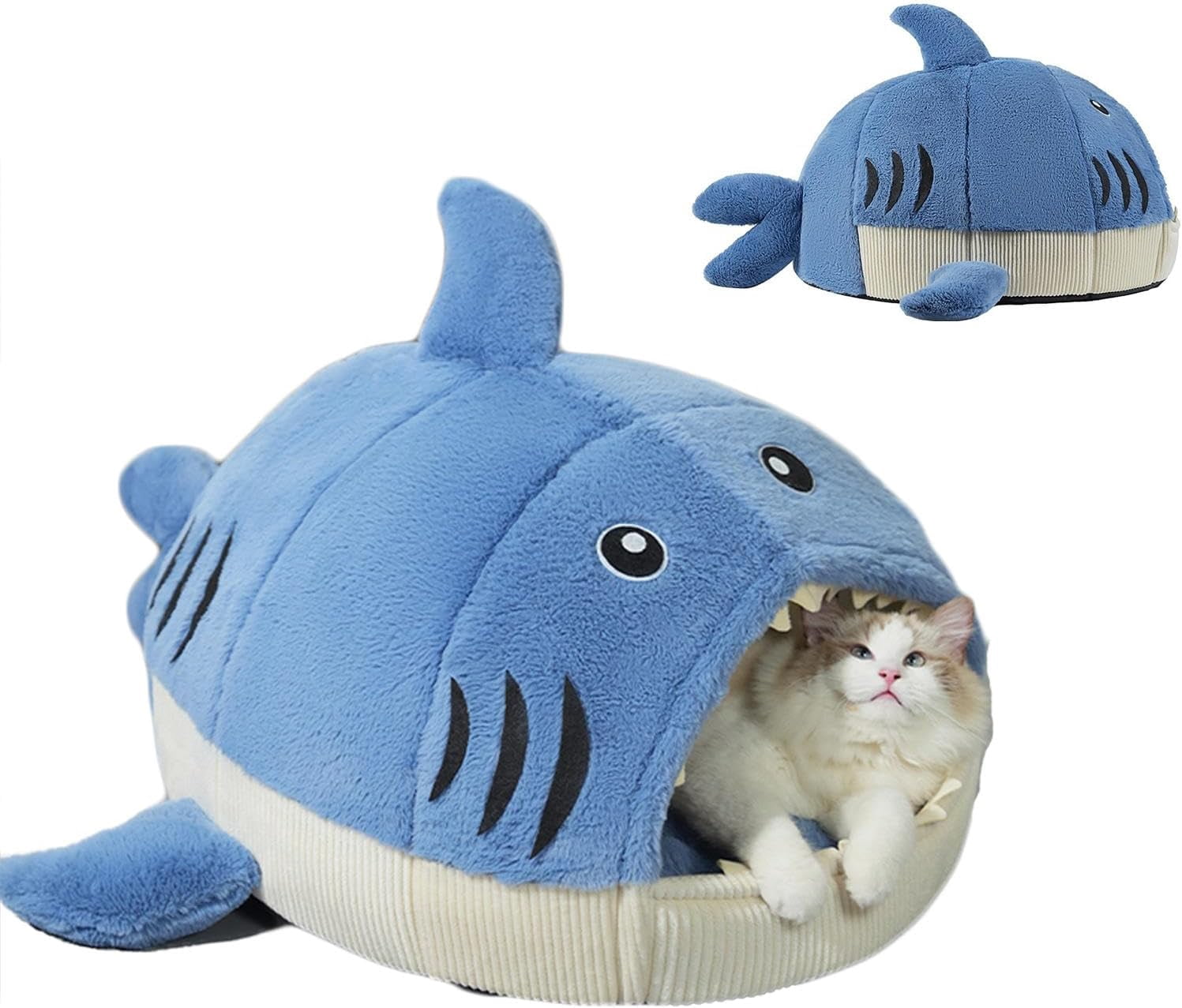 ShadeMart Winter Warm Cat Bed, Large Shark Plush Hideaway House with Removable Liner