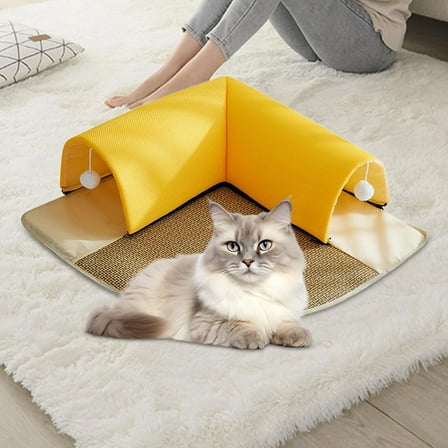 ShadeMart Yellow 20" 2-in-1 Cat Tunnel Bed with Removable Mat & Toy Ball, for Indoor Cats & Kittens