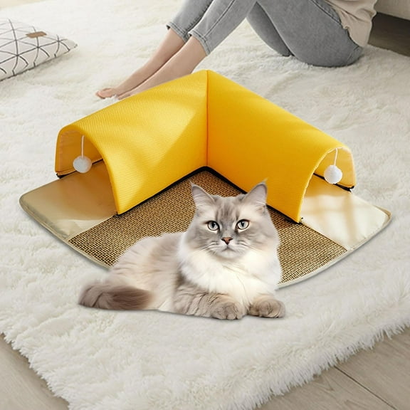 ShadeMart Yellow 20" 2-in-1 Cat Tunnel Bed with Removable Mat & Toy Ball, for Indoor Cats & Kittens