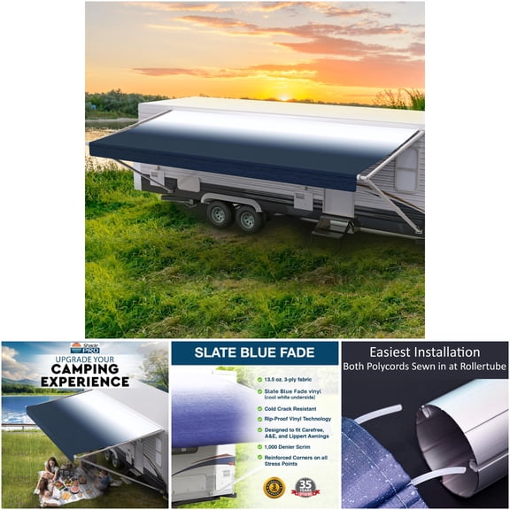 ShadePro 22XXxx Slate Blue Fade RV Awning Fabric Replacement - 18' Weatherproof Vinyl for Camper, Trailer, Motorhome
