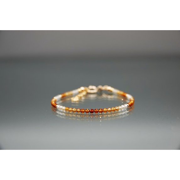 Shaded Citrine 3mm Round Shape Faceted Cut Beads 7 inch Gold Plated Clasp Bracelet for men, women, unisex. Link Chain Stacking Bracelet.|LINK_06078