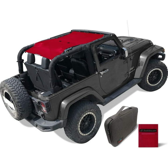 Shadeidea JK Top Sun Shade compatible with Jeep Wrangler Sunshade (2007-2018) 2 Door Front and Rear-Cherry Red Mesh Screen Cover UV Blocker with Grab Bag - 10 Years Warranty