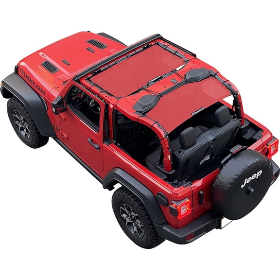 Shadeidea JL Sun Shade for Jeep Wrangler 2 Door Top Sunshade ( 2018 - Current ), Front & Rear - Cherry Red Mesh Screen Wrangler Cover, UV Blocker with Grab Bag Pouch - 10 Years Warranty