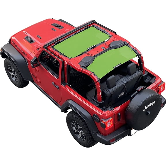 Shadeidea JL Sun Shade for Jeep Wrangler 2 Door Top Sunshade ( 2018 - Current ), Front & Rear - Green Mesh Screen Wrangler Cover, UV Blocker with Grab Bag Pouch - 10 Years Warranty