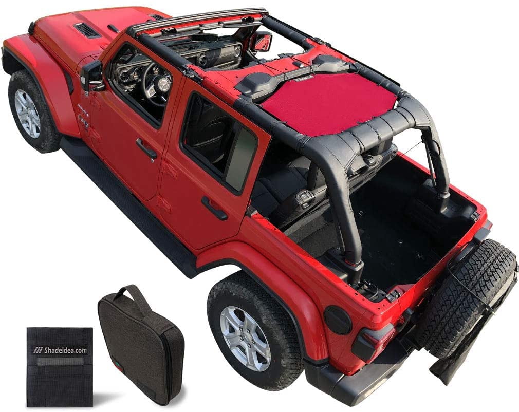 Shadeidea Jeep Wrangler Sunshade JL 4 Door Top Sunshade, JLU ( 2018 - Current) Rear - Cherry Red Mesh Screen Cover, UV Blocker with GrabBag Pouch - 10 Years Warranty