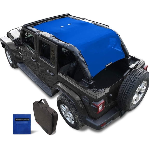Shadeidea Jeep Wrangler Sunshade JL Unlimited 4 Door JLU Sun Shade (2018-Current) Top Front+Rear+Trunk-Blue Mesh Screen Cover UV Blocker with Grab Bag Storage Pouch-10 Years Warranty