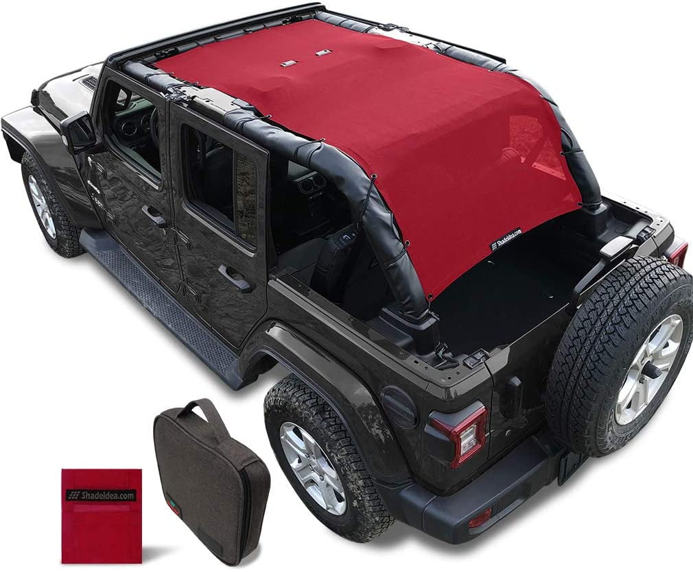 Shadeidea Jeep Wrangler Sunshade JL Unlimited 4 Door JLU Sun Shade (2018-Current) Top Front+Rear+Trunk-Cherry Red Mesh Screen Cover UV Blocker with Grab Bag Storage Pouch-10 Years Warranty