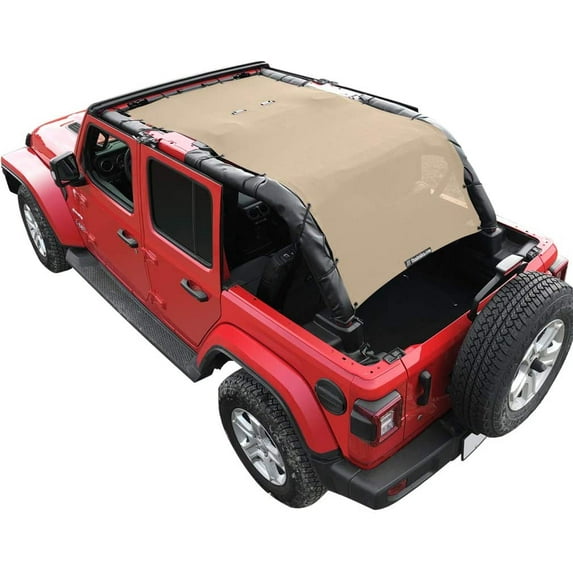 Shadeidea Jeep Wrangler Sunshade JL Unlimited 4 Door JLU Sun Shade (2018-Current) Top Front+Rear+Trunk-Tan Mesh Screen Cover UV Blocker with Grab Bag Storage Pouch-10 Years Warranty