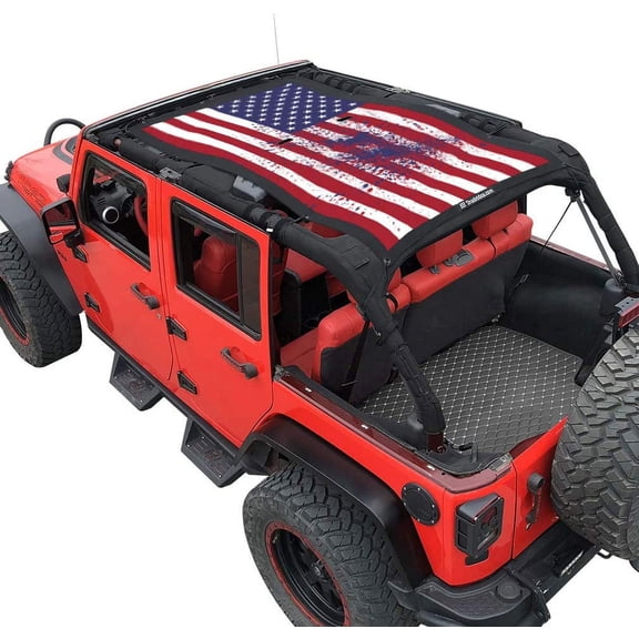 Shadeidea Jeep Wrangler Top Sunshade JK Unlimited Sun Shade, JKU 4 Door Front & Rear -( Black Mesh Screen, NO FADED Magic Flag ) Cover (2017-2018), UV Blocker -10 Years Lasting