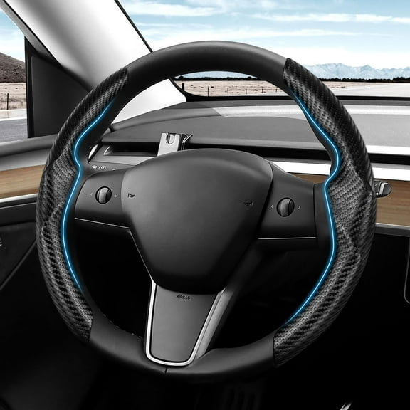 Shademax Custom-Fit for Tesla Steering Wheel Cover, Tesla Model Y / 3 2017-2025 (Fit Model Y Juniper 2026/ Model 3 Highland) Carbon Fiber Steering Wheel Cover for Tesla Model Y / 3 Accessories (Pink)