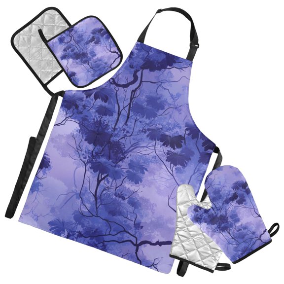 Shades Of Purple Woods Watercolor Oven Mitts and Pot Holders with Chef Apron Set 5 Pcs Kitchen Cooking Set