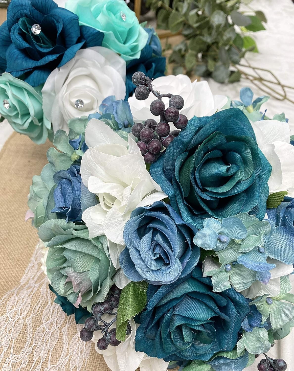 Shades Of Teal Blue And White Artificial Flower Bouquet Rose