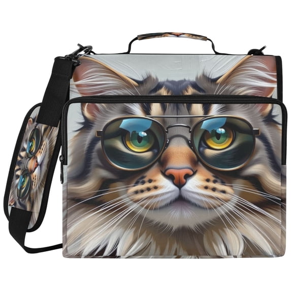 Shades Wearing Cat Printed Zipper Binder with Handle&Shoulder Strap 2 inch 3 Ring 500+300 Sheet Capacity File Folder Organizer