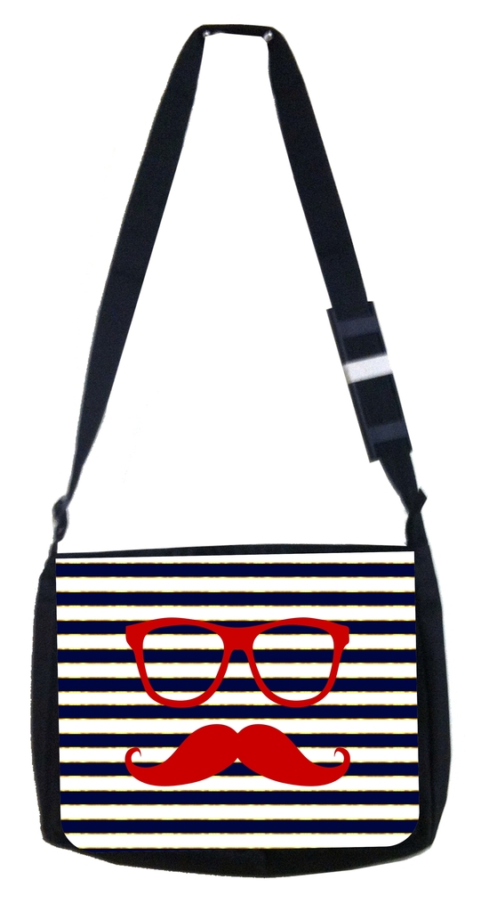 Shades and Mustache on Navy Gilded Stripes - Black Laptop Shoulder Messenger Bag and Small Wire Accessories Case Set - image 1 of 4