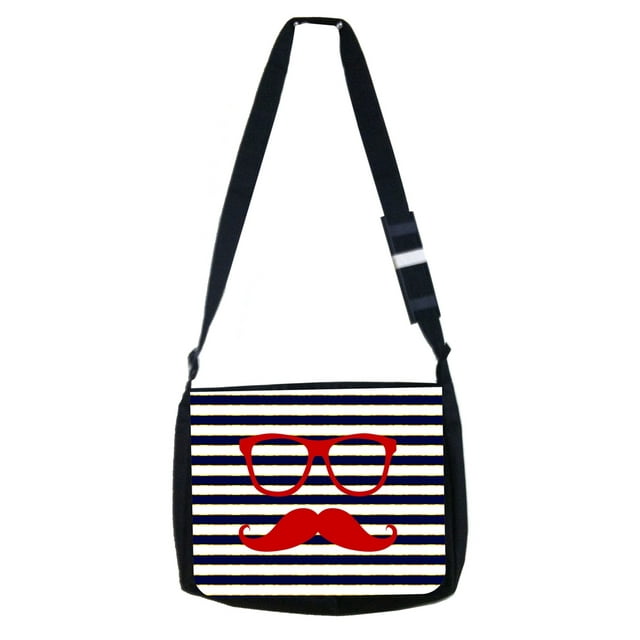 Shades and Mustache on Navy Gilded Stripes - Black Laptop Shoulder Messenger Bag and Small Wire Accessories Case Set