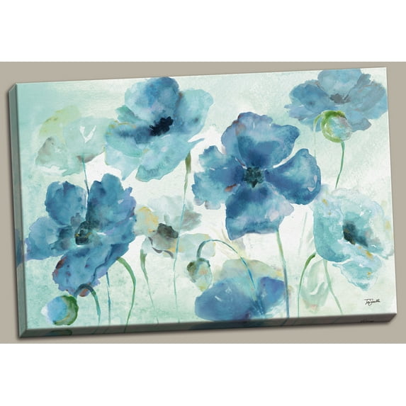 Shades of Blue | Beautiful Watercolor-Style Blue Floral Print by Tre Sorelle Studios; One 36x24in Hand-Stretched Canvas