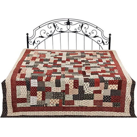 Exotic India Shades of Brown Printed Reversible Bedspread with Patchwork and Kantha Stitch Embroidery All-Over