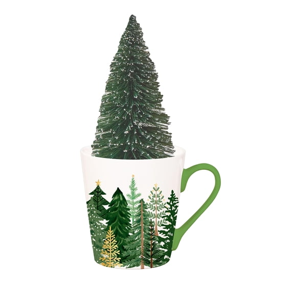Shades of Green Drinkware Gift Set Ceramic Flare Cup and Bottle Brush Tree, 12oz, Gift Box
