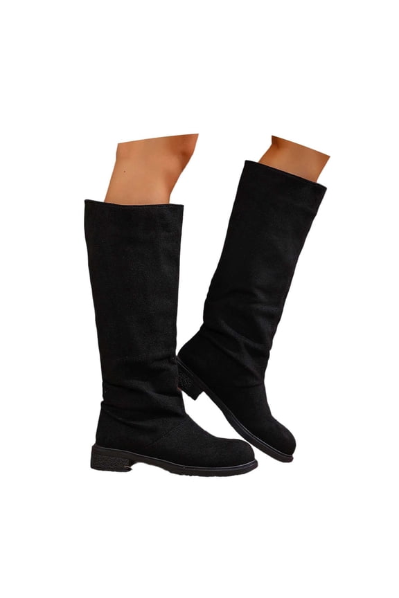Shadouami Women Knee High Boots Block Low Heel Suede Pointed Toe Wide Calf Boots Pull on Dress Fall Winter Fashion Shoes Size 4-15 US