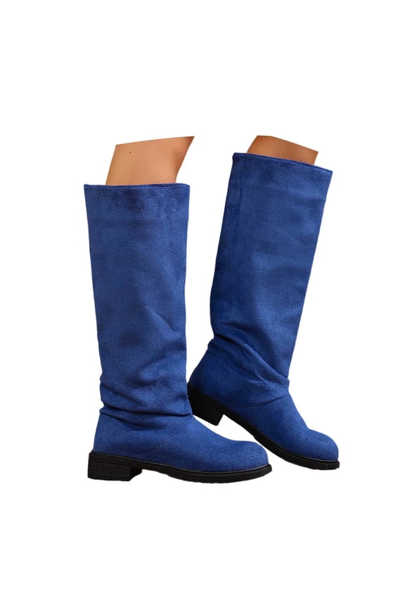 Shadouami Women Knee High Boots Block Low Heel Suede Pointed Toe Wide Calf Boots Pull on Dress Fall Winter Fashion Shoes Size 4-15 US