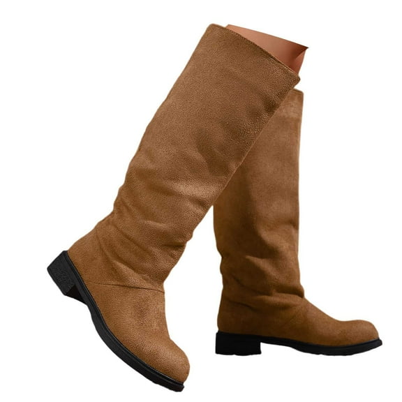Shadouami Women Knee High Boots Block Low Heel Suede Pointed Toe Wide Calf Boots Pull on Dress Fall Winter Fashion Shoes Size 4-15 US